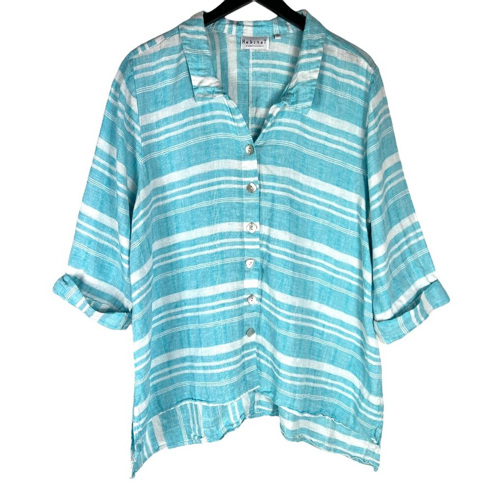 Habitat 100% Linen Striped ¾ Sleeve Oversized Top Aqua Mother of Pearl Size XL